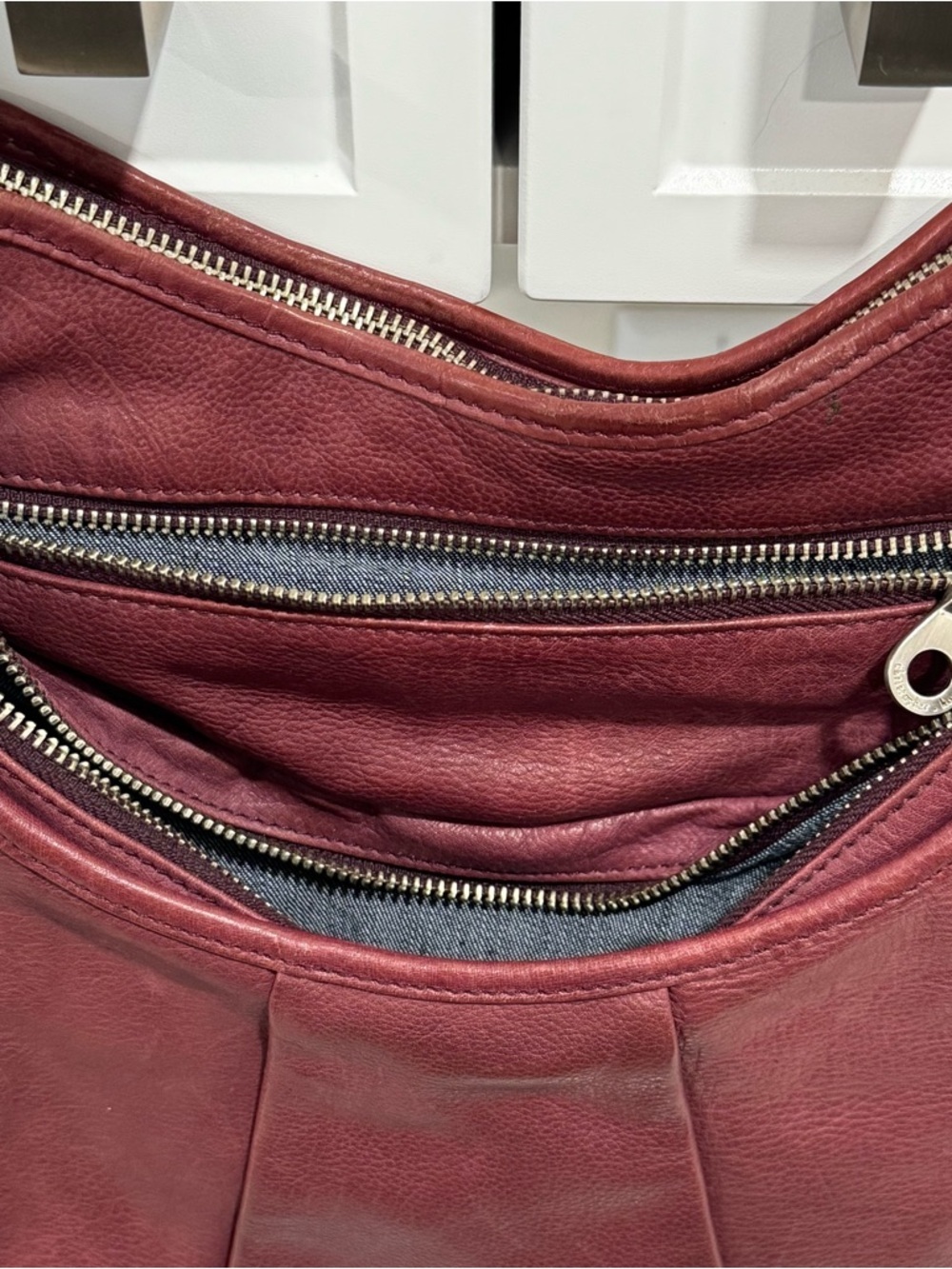 Christopher Kon Maroon Leather Hobo Bag - Pleated Slouchy Shoulder Purse - Picture 6 of 15